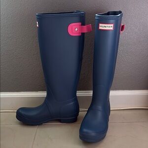 Hunter Tall Blue Rain Boots with Pink Accents